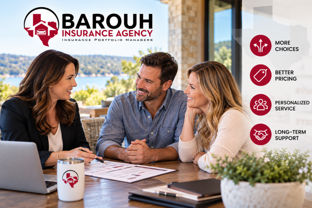 Barouh Insurance Agency independent insurance agent meeting with Texas homeowners to compare insurance coverage and pricing options.